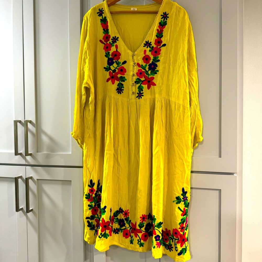 Riviera Sun Bright Boho Yellow Floral Embroidered Dress or Cover-Up 3X